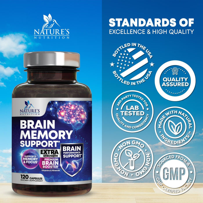 Brain Memory Supplement Pills - Nootropics Support for Concentration, Clarity, Alertness & Focus - Brain Health with Bacopa, Cognitive Vitamins, Phosphatidylserine, DMAE - Brain Booster - 120 Capsules