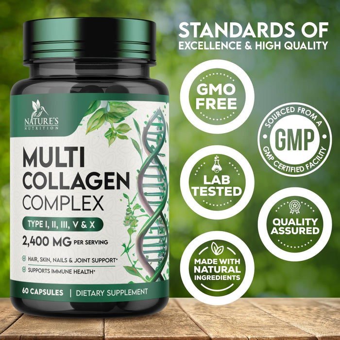 Multi Collagen Peptides Supplement 2400 mg, Types I, II, III, V & X Multi Collagen Pills Complex, Hydrolyzed Collagen Peptides Supplements, Hair, Skin, Nail, and Joint Support Supplement, 60 Capsules