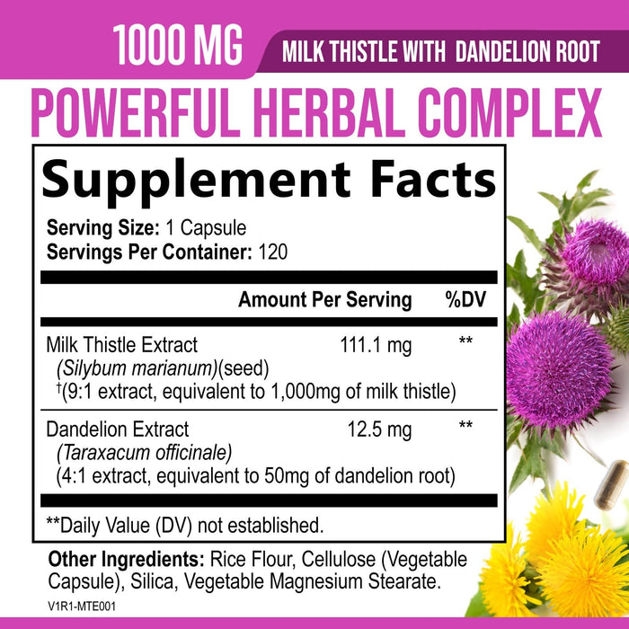 Milk Thistle Supplement - Liver Cleanse Detox & Repair Formula 1000mg with Dandelion - Nature's Herbal Milk Thistle Extract Supplements w/Silymarin Marianum, Supports Liver Health - 120 Capsules