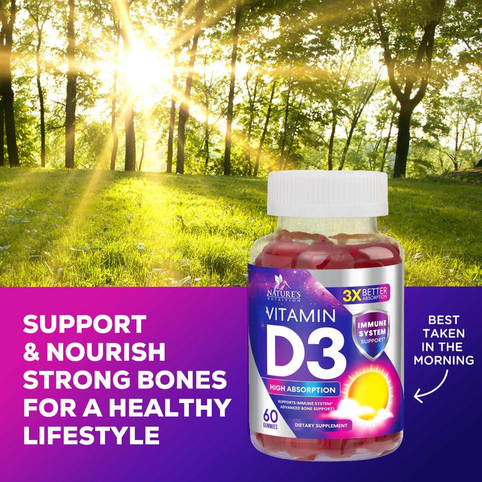Vitamin D3 Supplement Gummy 5000 IU (125 mcg) Dietary Vitamins D for Men & Women - Bone, Teeth, Muscle & Immune Health Support, High Potency VIT D3 Nature's Non-GMO & Gluten Free - 60 Gummies