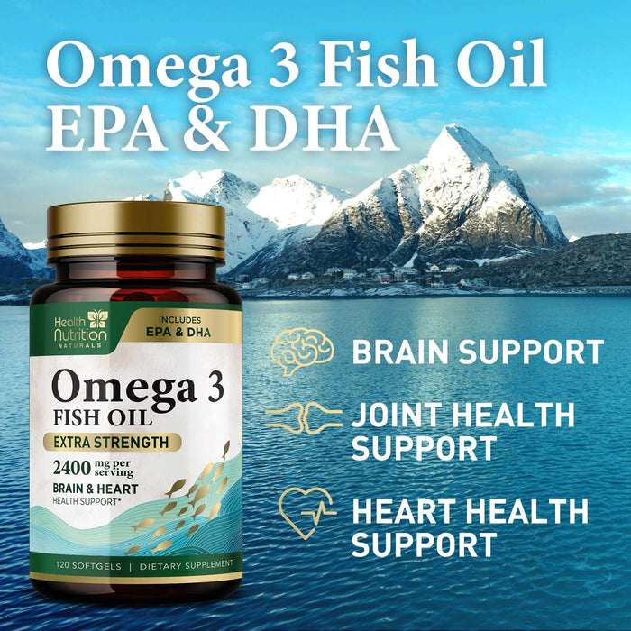 Omega 3 Fish Oil Triple Strength 1200 mg, Omega-3 Supplements, Natural Brain Heart Health & Immune Support - Fatty Acids with EPA & DHA - Wild Caught Purified Fish Oil Supplement - 120 Softgels