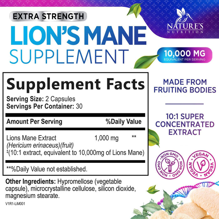 Lions Mane Mushroom Supplement - Brain Health Support for Focus, Memory, Cognition & Immune Support - Nature's Nootropic Lion's Mane Mushroom Extract Non-GMO, Vegetarian & Gluten Free - 60 Capsules