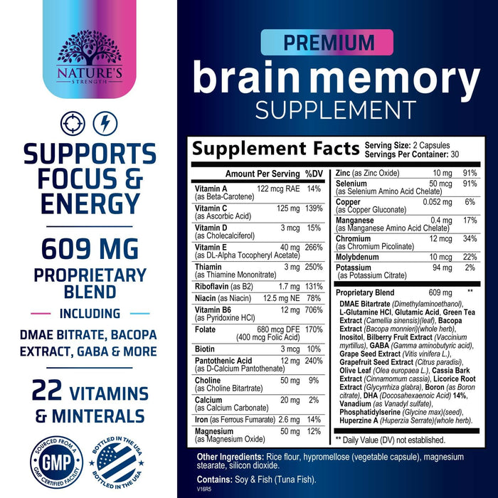 Brain Memory Supplement Pills - Nootropics Support for Concentration, Clarity, Alertness & Focus - Brain Health with Bacopa, Cognitive Vitamins, Phosphatidylserine, DMAE - Brain Booster - 60 Capsules