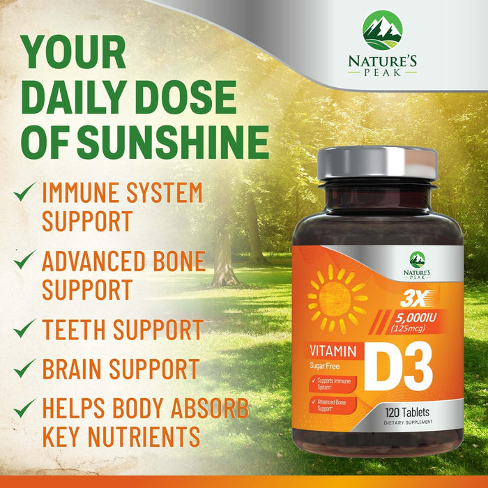 Vitamin D3 5000iu (125 mcg) Immune Health Support - High Potency Vitamin D Dietary Supplement for Bone, Teeth, Muscle - Nature's VIT D, Vegan, Gluten Free, Raspberry Flavor - 120 Chewable Tablets
