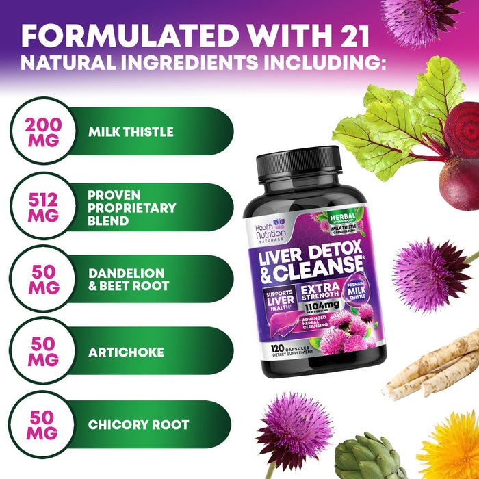Gentle Liver Cleanse Detox & Repair Formula - Herbal Liver Support Supplement: Milk Thistle with Silymarin, Artichoke Extract, Dandelion, Beet, Chicory Root, & Turmeric for Liver Health - 120 Capsules