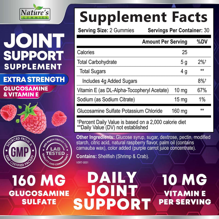 Joint Support Supplement - Extra Strength Glucosamine Gummy Supports Joints Health & Flexibility for Back, Knees, Hands - Natural Vitamin E Immune Support - Best Gummies for Women & Men - 60 Gummies