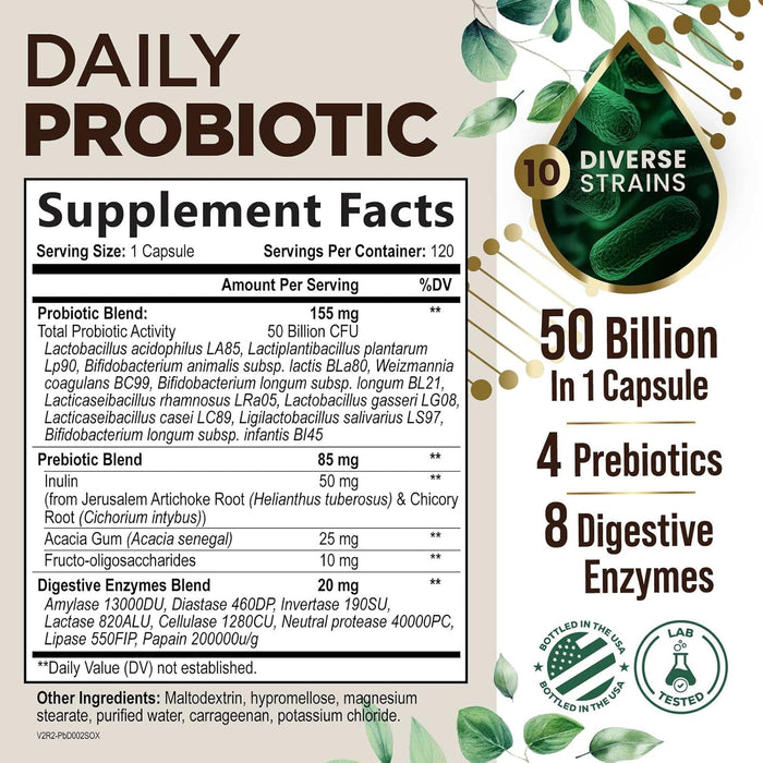 Probiotics 50 Billion CFU + 10 Strains - Daily Probiotic Lactobacillus Blend for Immune, Digestive & Gut Health Support, Prebiotics and Probiotics, Gas & Bloating for Women & Men - 120 Capsules