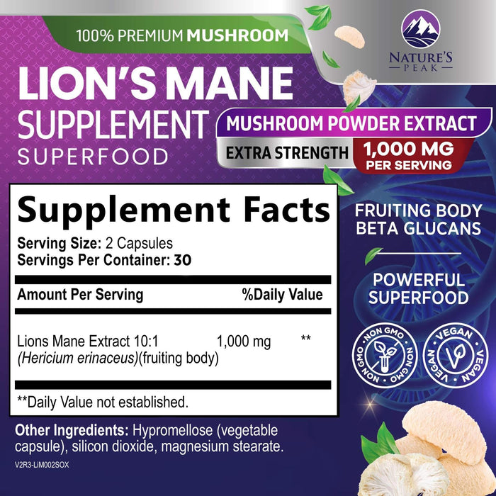 Lions Mane Mushroom Capsules 10,000mg - Lion’s Mane Supplement Capsules for Memory and Focus Support, Brain, Immune Health Support, Vegan, Bottled in USA, Lions Mane Mushroom Powder Extract, 60 Count
