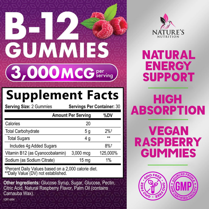 B12 Gummies for Adults, Extra Strength Energy 3000 mcg - B-12 Energy Metabolism & Immune System Support - Chewable Dietary Supplement for Adults & Kids Caffeine Free Gummy Vitamin - 60 Gummies