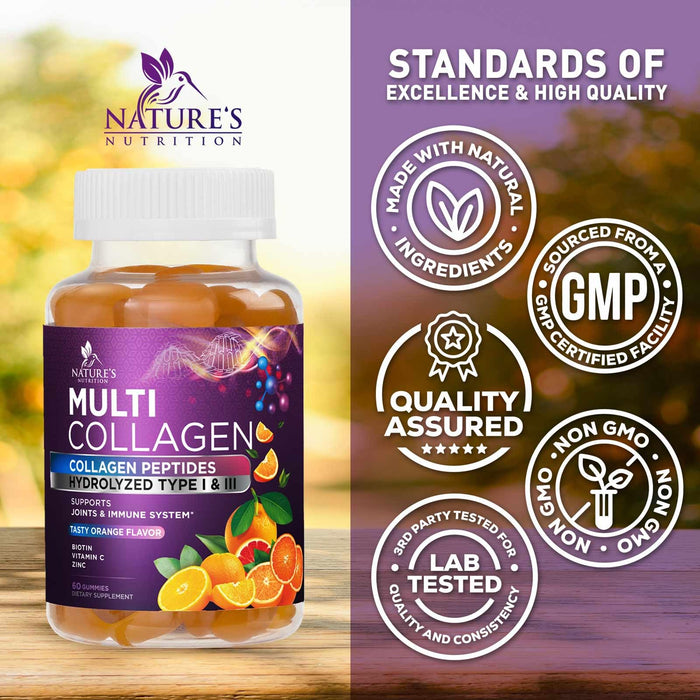 Collagen Gummies for Women with Vitamin C, Zinc & Biotin - Hydrolyzed Protein Type 1 & 3 Multi Collagen Peptides Supplement - Support for Hair, Skin, Nails & Joints, Gluten Free Complex - 60 Gummies