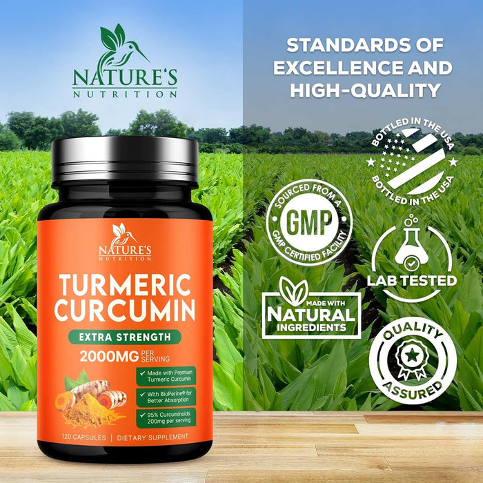 Turmeric Curcumin Supplement 2000mg - Nature's Joint & Immune Support, Organic Tumeric & BioPerine Black Pepper for Best Absorption with 95% Curcuminoids, Non-GMO, Bottled USA - 120 Count