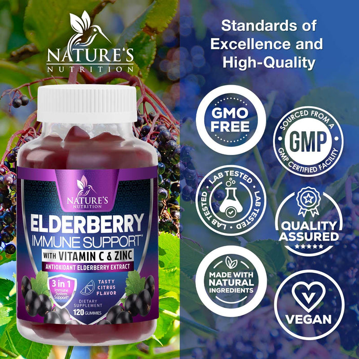 Immune Support Gummies - Sambucus Elderberry Gummy with Elder Berry Extract, Zinc & Vitamin C, Natural Vegan Immune Support Supplement for Adults & Children, Gummy Elderberry Vitamins - 120 Gummies