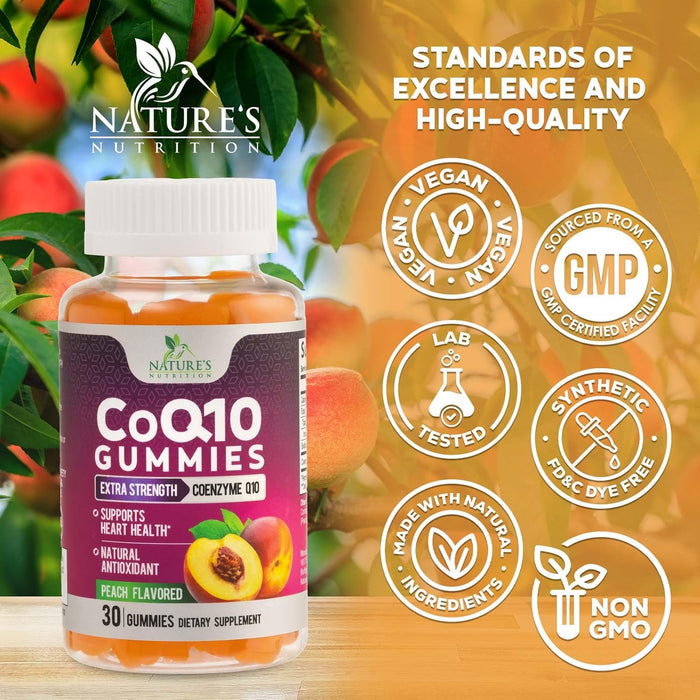 Nature's Nutrition CoQ10 Gummies 100mg – High Absorption Coenzyme Q10 Supplement for Heart Health, Energy & Antioxidant Support – Peach Flavor Gummy, Vegan, Non-GMO, Gluten Free – 30 Count