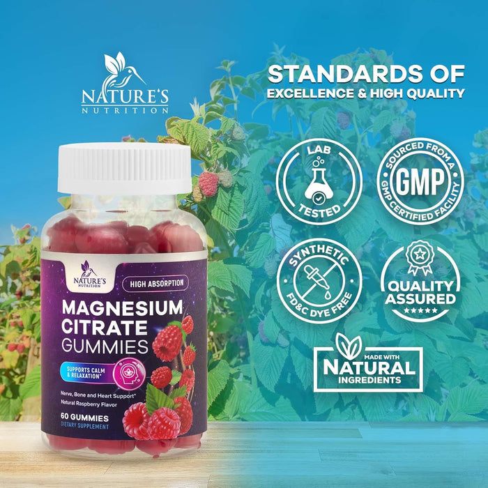 Magnesium Gummies Supplement - High Absorption Magnesium Citrate Supplement for Adults & Kids - Nature's Calm Magnesio Gummy Dietary Supplements for Bone, Muscle Health, Heart Support - 60 Gummies