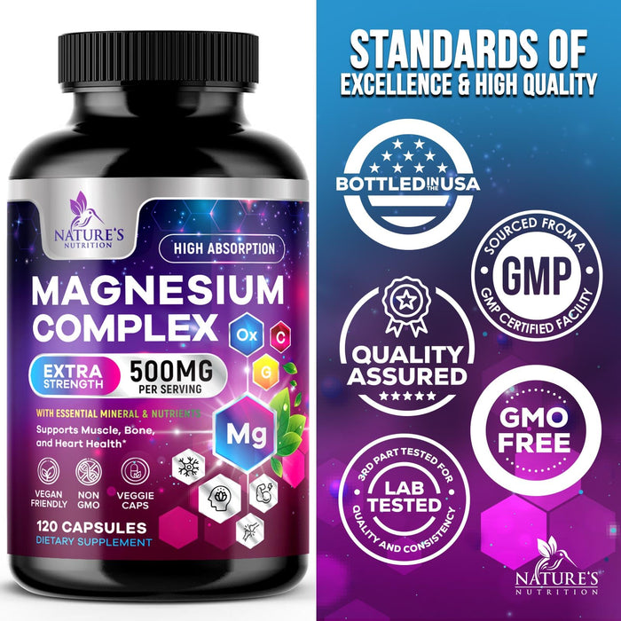 Magnesium Complex Supplement 500 mg - 5 in 1 High Absorption Chelated Magnesium Glycinate, Malate, Citrate, Oxide, Aquamin - Non-GMO Magnesio Capsules, Bone Muscle & Heart Health Support, 120 Capsules