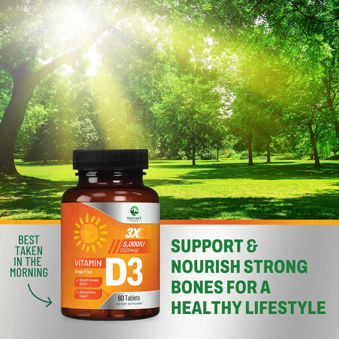 Vitamin D3 5000iu (125 mcg) Immune Health Support - High Potency Vitamin D Dietary Supplement for Bone, Teeth, Muscle - Nature's VIT D, Vegan, Gluten Free, Raspberry Flavor - 120 Chewable Tablets