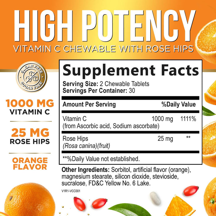 Vitamin C 1000mg Chewable Supplement - Extra Strength Immune Support Vitamin C Dietary Supplement with Rose HIPS, Nature's VitaminC Antioxidant Support, Natural, Vegan, Orange Flavor - 60 Tablets