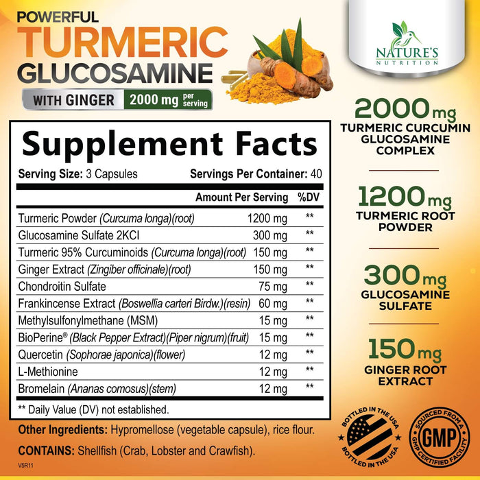 Turmeric Curcumin Supplement 2000mg with Glucosamine Chondroitin & Ginger, 95% Curcuminoids, BioPerine Black Pepper for Best Absorption, Nature's Joint Support, Non-GMO, Bottled in USA - 120 Capsules