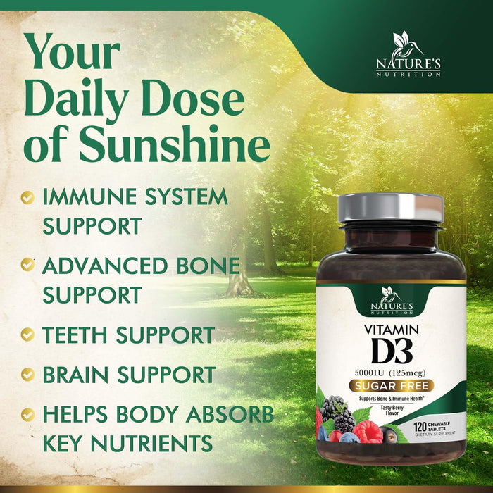 Vitamin D3 5000 IU (125 mcg) Nature's Extra Strength Vitamin D Supplement Chewable for Immune Support Health - Bone, Teeth and Muscle Supplements - Sugar Free, Non-GMO, Gluten Free - 120 Count Tablets