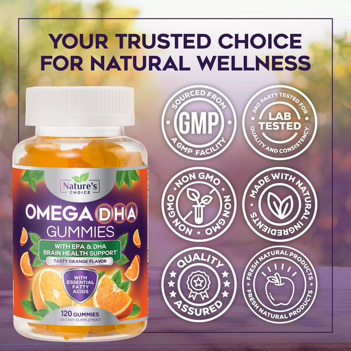 Omega 3 Fish Oil Gummies - Triple Strength Omega3 Gummy - DHA & EPA Fatty Acids for Heart Health, Joint & Brain Support, Nature's High Absorption Omega Fish Oil Supplement, Orange Flavor- 120 Gummies