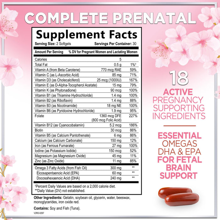 Prenatal Vitamins For Women With Folic Acid, DHA & Iron - Women's Prenatal Multivitamin, Essential Pre Natal Vitamins with Folate, Omega 3, D3, B12, Pregnancy Supplement for Mom & Baby - 60 Softgels