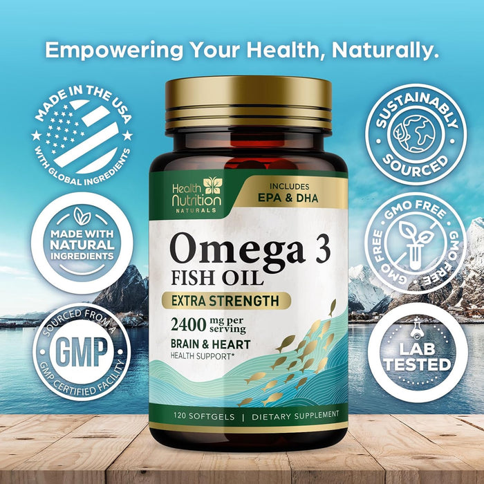 Omega 3 Fish Oil Triple Strength 1200 mg, Omega-3 Supplements, Natural Brain Heart Health & Immune Support - Fatty Acids with EPA & DHA - Wild Caught Purified Fish Oil Supplement - 120 Softgels