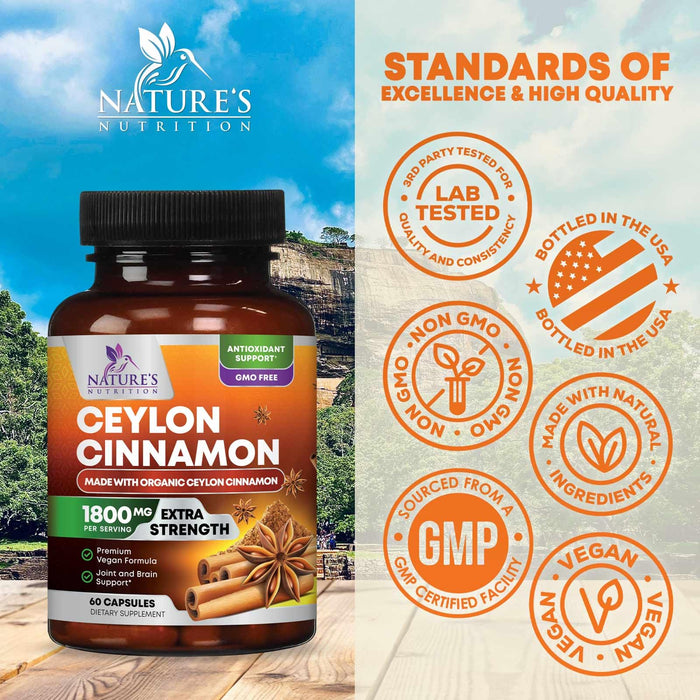 Organic Ceylon Cinnamon Supplement 1800mg - Certified Organic Ceylon Cinnamon Powder Pills - Energy & Heart Support for Women & Men, Bottled in USA, Antioxidant, Gluten Free, Non-GMO - 60 Capsules