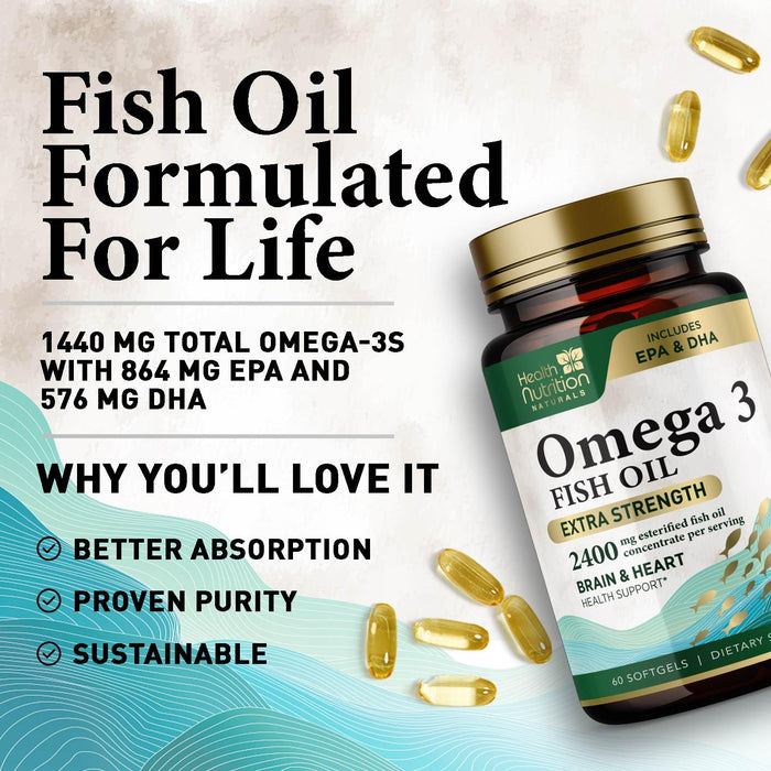 Omega 3 Fish Oil Triple Strength 1200 mg, Omega-3 Supplements, Natural Brain Heart Health & Immune Support - Fatty Acids with EPA & DHA - Wild Caught Purified Fish Oil Supplement - 60 Softgels