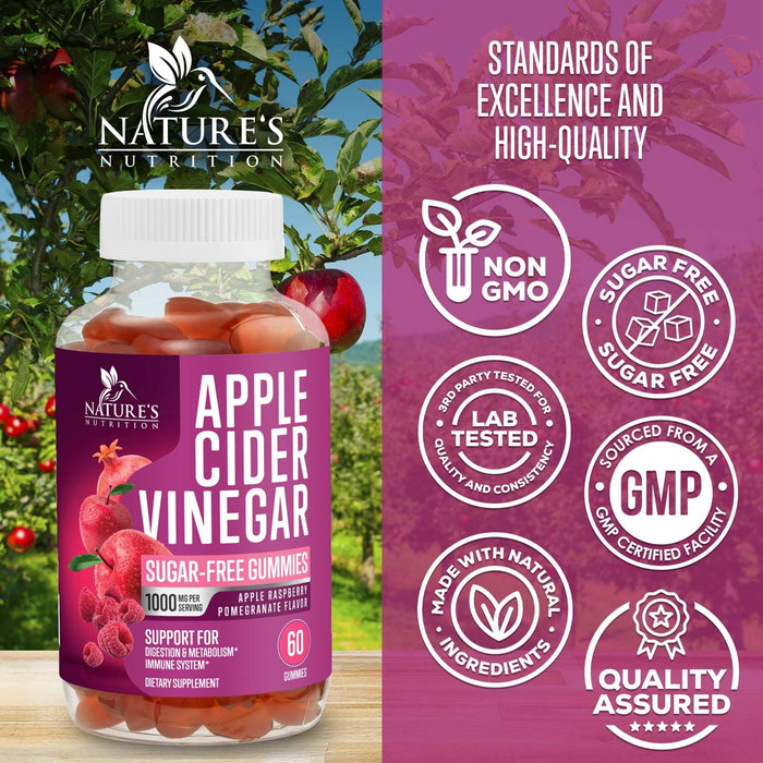 Apple Cider Vinegar Gummies Sugar Free 1000mg for Cleanse, ACV Gummy Vitamin B12 for Digestion Energy & Immune Health Support, Supports Metabolism, Keto Friendly, Apple Raspberry Flavor - 60 Gummies