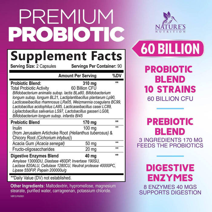 Probiotics 60 Billion CFU per Serving - 10 Strains + Prebiotics - Digestive Health, Gut & Immune Support - Supports Occasional Constipation, Gas & Bloating for Women & Men Shelf Stable - 180 Capsules