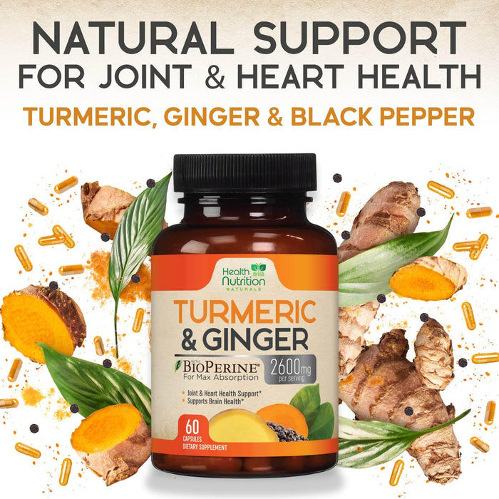 Turmeric Curcumin Supplement 2600mg - with Organic Ginger & Turmeric, 95% Curcuminoids, BioPerine Black Pepper for Best Absorption, Nature's Vegan Joint Support, Non-GMO, Bottled in USA - 60 Capsules