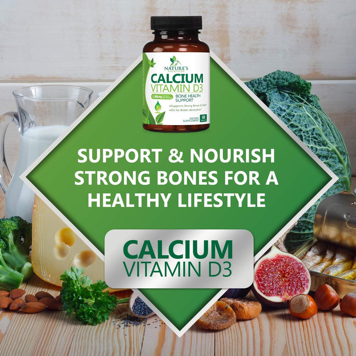 Calcium Supplement with Vitamin D - 1200 mg Calcium Carbonate with 1600 IU of D3 Vitamins - Supports Bone Strength, Teeth & Immune System - Natural & Easily Absorbable for Women & Men - 60 Tablets