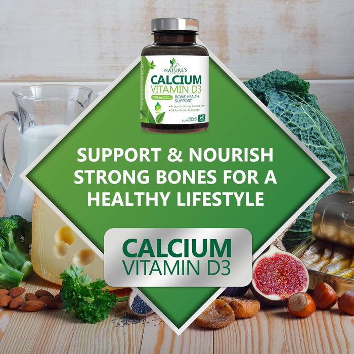 Calcium Supplement with Vitamin D - 1200 mg Calcium Carbonate with 1600 IU of D3 Vitamins - Supports Bone Strength, Teeth & Immune System - Natural & Easily Absorbable for Women & Men - 240 Tablets