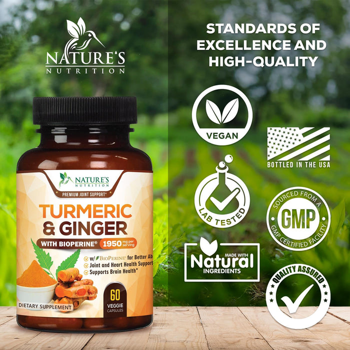 Turmeric Curcumin Supplement 1950mg - 95% Curcuminoids with Organic Turmeric & Ginger, BioPerine Black Pepper for Best Absorption, Nature's Vegan Joint Support, Non-GMO, Bottled in USA - 60 Capsules