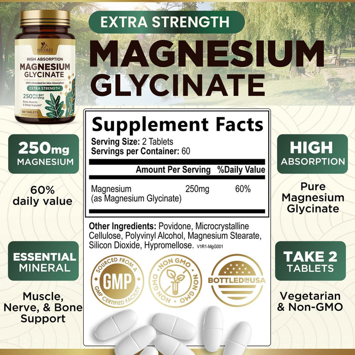 Magnesium (Glycinate) - Magnesium Supplement for Heart Health, Nerve, Muscle, Bone, and Sleep Support - 100% Chelated & High Absorption - 250 mg per Serving - Gluten Free, Vegan, Non-GMO - 120 Count