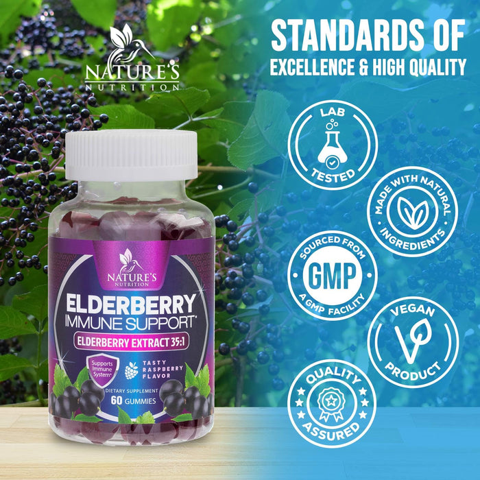 Elderberry Immune Support Gummies - Super Concentrated 35:1 Extract, Equivalent to 4200mg of Elderberries - Sambucus Black Elder Berry Vitamin Supplement, Daily Support for Kids & Adults - 60 Gummies