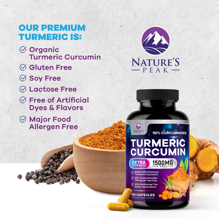 Turmeric Curcumin Supplement with BioPerine 95% Curcuminoids 1500mg with Black Pepper for Best Absorption - Best Natural Vegan Joint Support - Bottled in USA, Non-GMO, Organic Tumeric - 120 Capsules
