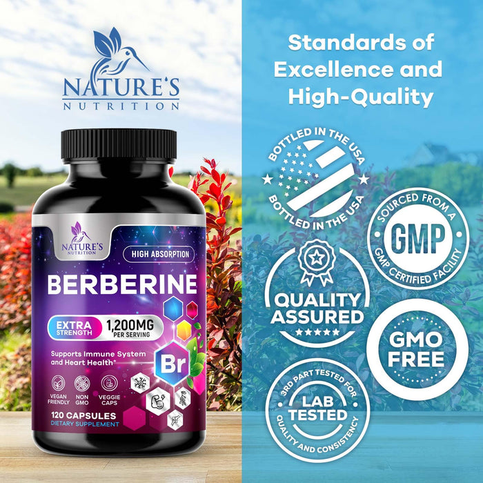 Berberine HCL 1200mg Supplement - Berberine HCI Capsules High Absorption Supplement for Heart Health & Immune Support, High Strength, Gluten-Free, Vegan, Non-GMO Pills - 120 Veggie Capsules