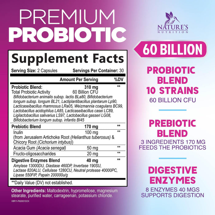 Probiotics 60 Billion CFU per Serving - 10 Strains + Prebiotics - Digestive Health, Gut & Immune Support - Supports Occasional Constipation, Gas & Bloating for Women & Men Shelf Stable - 60 Capsules
