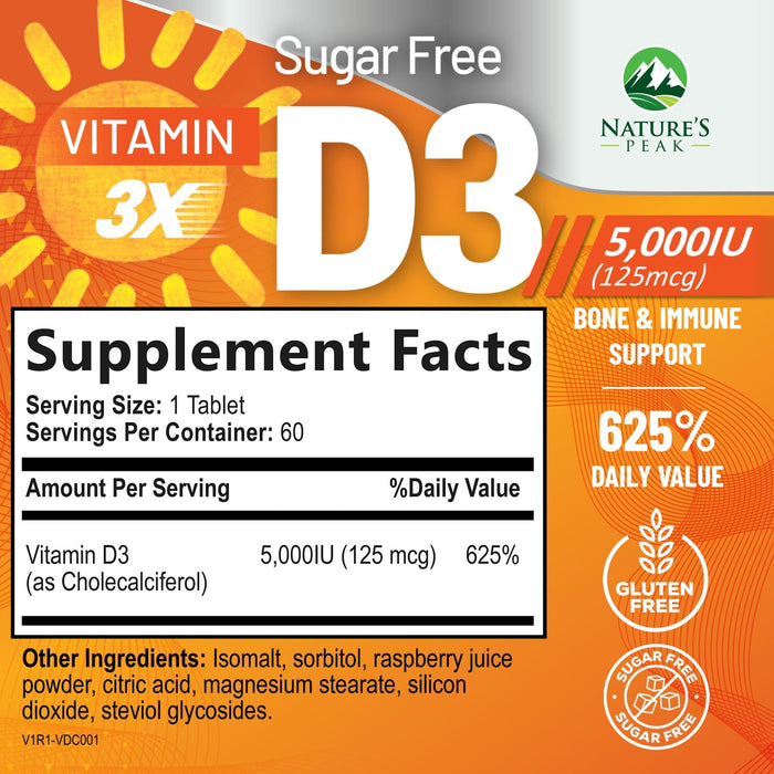 Vitamin D3 5000iu (125 mcg) Immune Health Support - High Potency Vitamin D Dietary Supplement for Bone, Teeth, Muscle - Nature's VIT D, Vegan, Gluten Free, Raspberry Flavor - 60 Chewable Tablets
