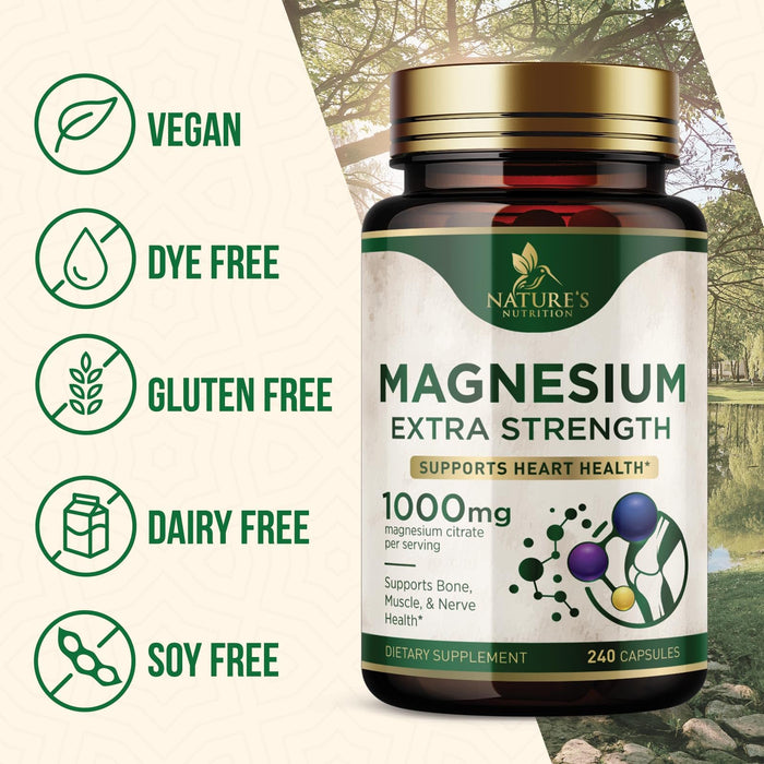 Magnesium Supplement (Citrate Oxide) 1000mg for Best Absorption, Supports Bone, Heart Health, Nerves, Muscles & Metabolism, Nature's Pure Magnesio Vitamin Pills, Bottled in USA, 240 Capsules