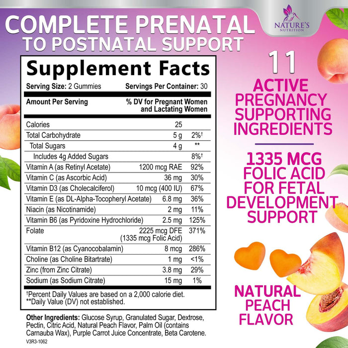 Prenatal Vitamins for Women Gummies, Folic Acid 1335mcg Pregnancy Vitamins for Fetal Support, Vitamin A, C, D3, B12, B6 & Folate, Prenatal Multivitamin Gummy for Pregnant & Nursing Women - 60 Gummies