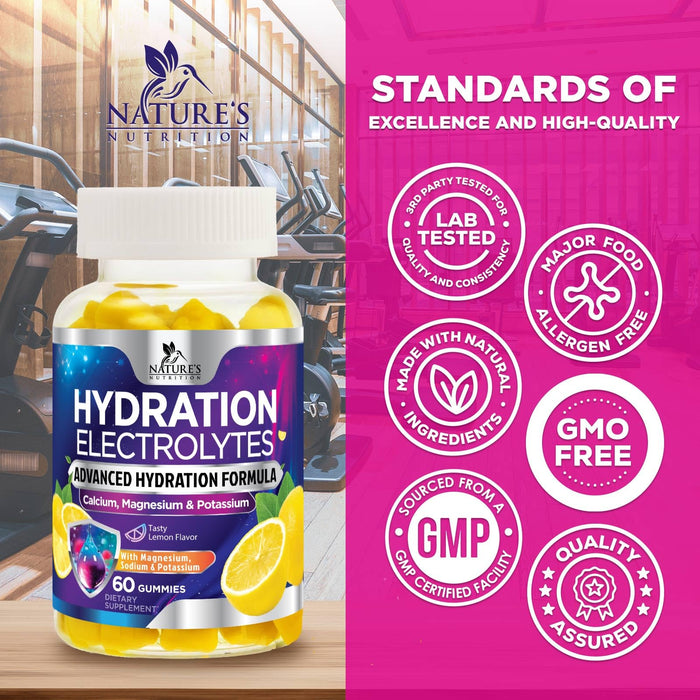 Hydration Electrolyte Gummies - Daily Liquid Replenisher Gummy - Electrolyte Multiplier with Minerals, Potassium & Real Salt - Vegan, Non-GMO - Tasty Lemon Flavor Hydration Electrolytes - 60 Gummies