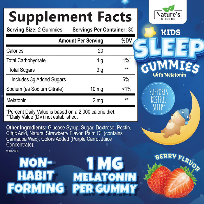 Kids Sleep Gummies 2mg - Children's Sleep Gummy with Melatonin, Non-Habit Forming, Works with Natural Sleep Cycle, Supports Peaceful, Restful Sleep, Calm & Drug-Free, Natural Berry Flavor, 60 Gummies