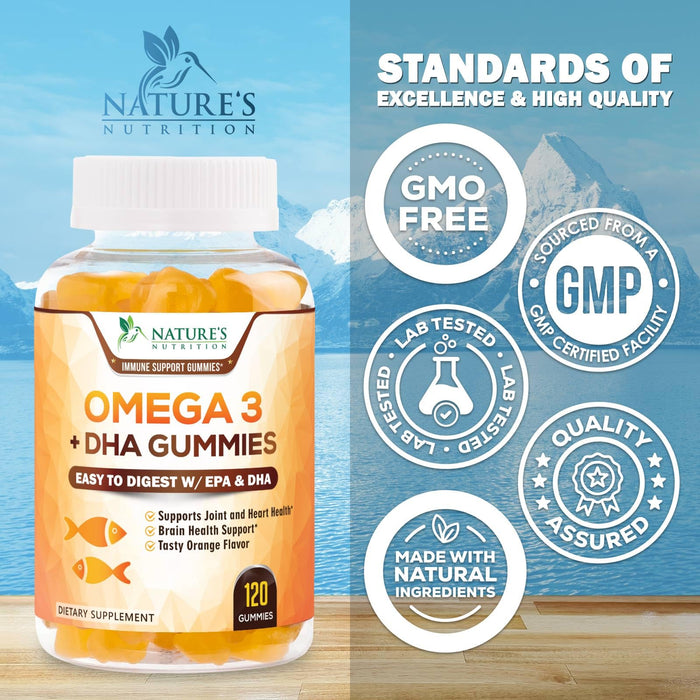 Omega 3 Fish Oil Gummies, Heart Healthy Omega 3 Gummy Supplement with High Absorption DHA & EPA, Extra Strength Joint & Brain Support, Delicious Orange Flavor Fish Oil Nature's Vitamin - 120 Gummies