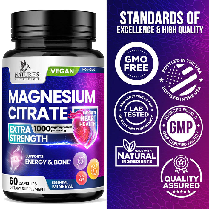 Magnesium Citrate Supplement 1000 mg for Best Absorption, Supports Bone, Heart Health, Nerves, Muscles, Metabolism & Calm, Nature's Pure Magnesio Vitamin Pills, Bottled in USA - 60 Capsules