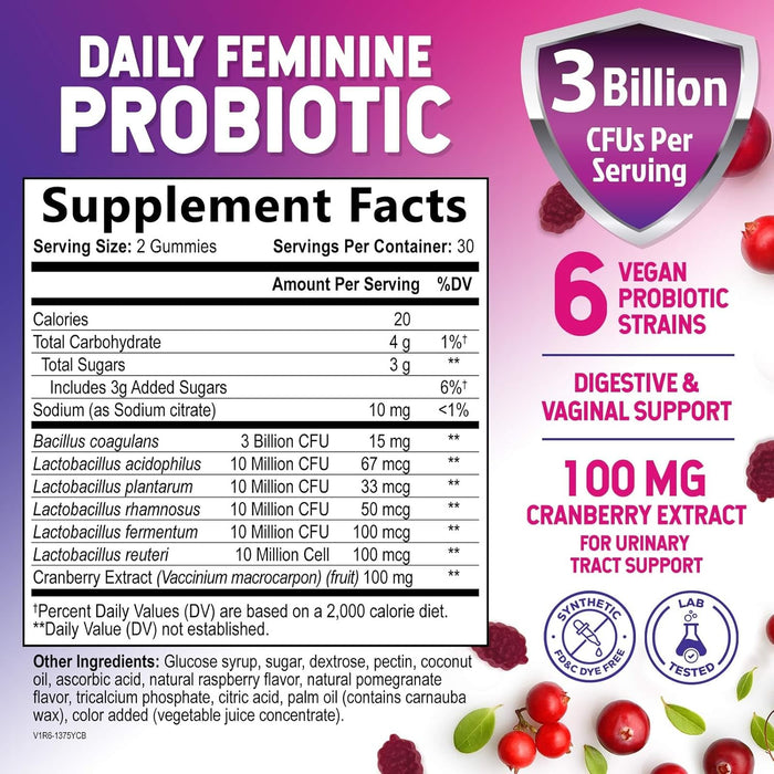 Probiotics for Women Gummies with Cranberry - 6 Premium Strains for PH Balance, Digestive Health, Vaginal & Immune Support, 3 Billion CFU, Women's Probiotic Gummy for Feminine Health - 60 Gummies