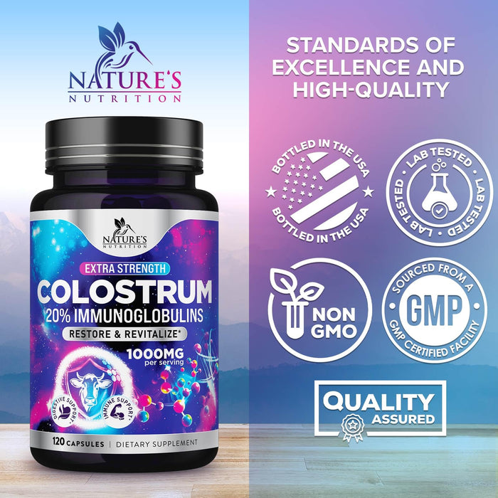 Colostrum For Women Supplement 1000mg 20% Immunoglobulins for Muscle, Skin & Hair Support - Gut Health Digestive & Immune Support - Bovine Colostrum Powder - Gluten Free & Unflavored - 120 Capsules