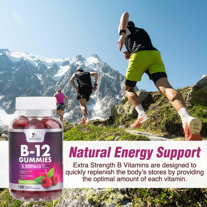 B12 Gummies for Adults, Extra Strength Energy 3000 mcg - B-12 Energy Metabolism & Immune System Support - Chewable Dietary Supplement for Adults & Kids Caffeine Free Gummy Vitamin - 120 Gummies