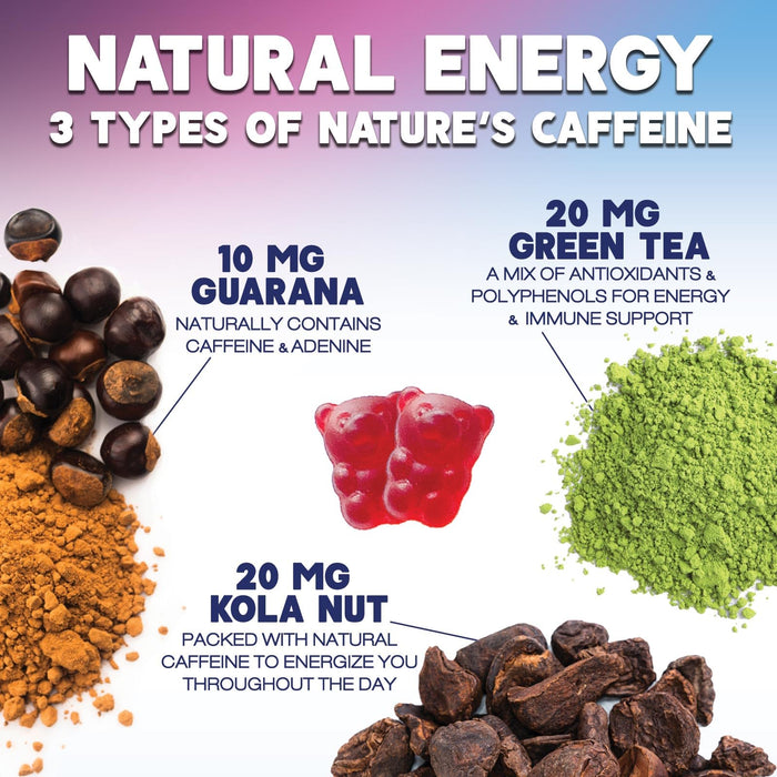 Energy Gummies 1000 mcg Vitamin B12, Green Tea Natural Caffeine Support, Daily Energy Gummies Vitamins, Delicious Berry Flavor B12 Chewable Exercise Supplement for Running Cycling & Sports - 60 Chews